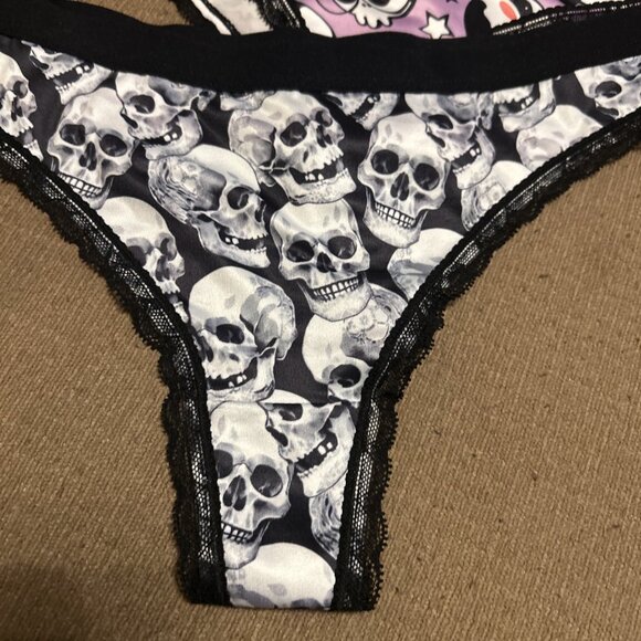 Morvia 3pk lace trim Skater goth Emo Bikini panties Large plus size skulls Pink - Picture 6 of 12
